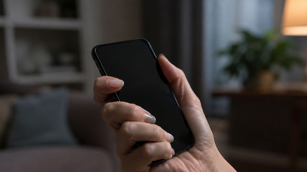 Woman gripping phone after sending angry messages before divorce filing in Texas