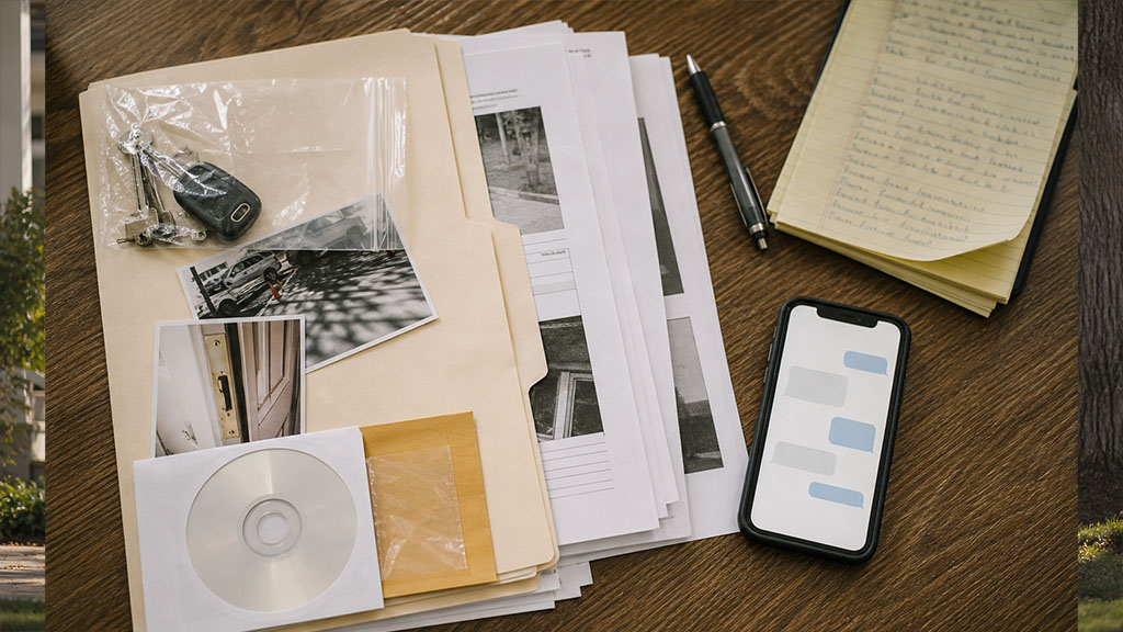 Organized documents, notes, and records used as evidence in a Texas grandparent visitation case.