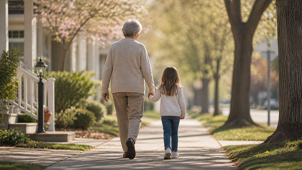Grandparent walking with a young grandchild, representing grandparent custody and conservatorship cases in Texas.
