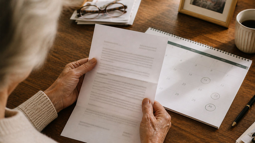 Older woman reviewing legal documents and a calendar while preparing to file for grandparent visitation in Texas.