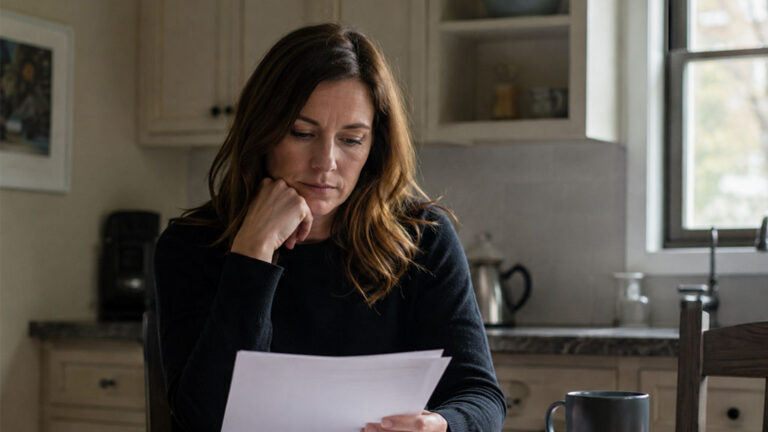 Woman reviewing court order documents at home in San Antonio Texas
