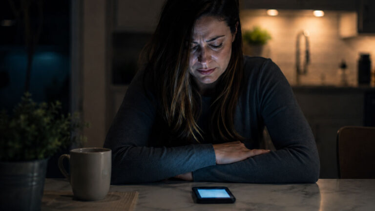 Woman sitting alone at kitchen table before filing for divorce in Texas