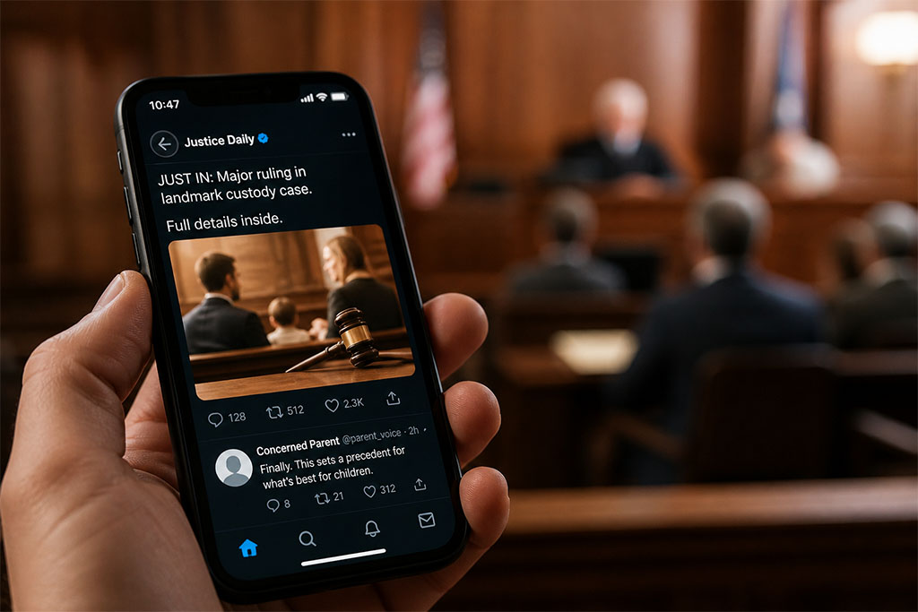 Smartphone with social media post next to court documents showing common SAPCR custody case mistakes