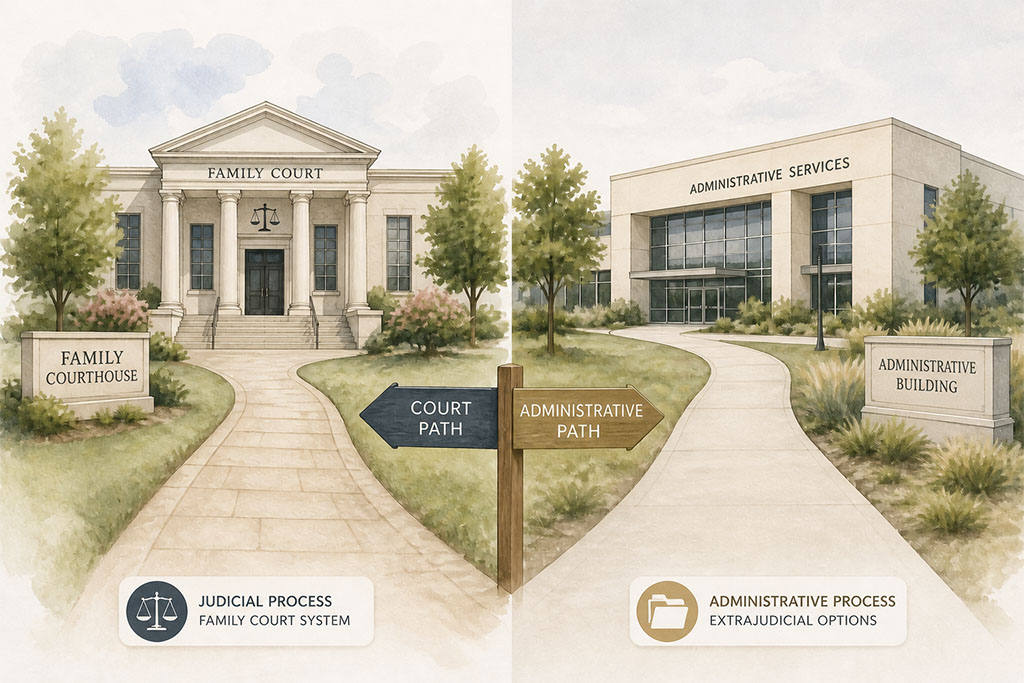 Comparison illustration of SAPCR and divorce as two separate legal paths in Texas family court