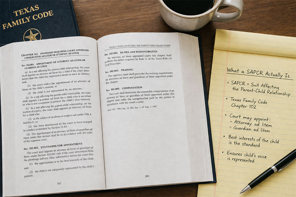 Texas Family Code Chapter 102 open on a desk showing SAPCR statutes