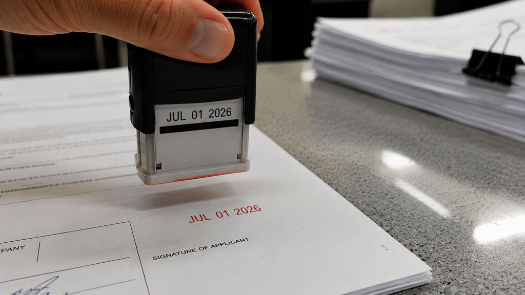 A clerk's hand stamping a divorce petition, representing the moment a Bexar County standing order takes effect