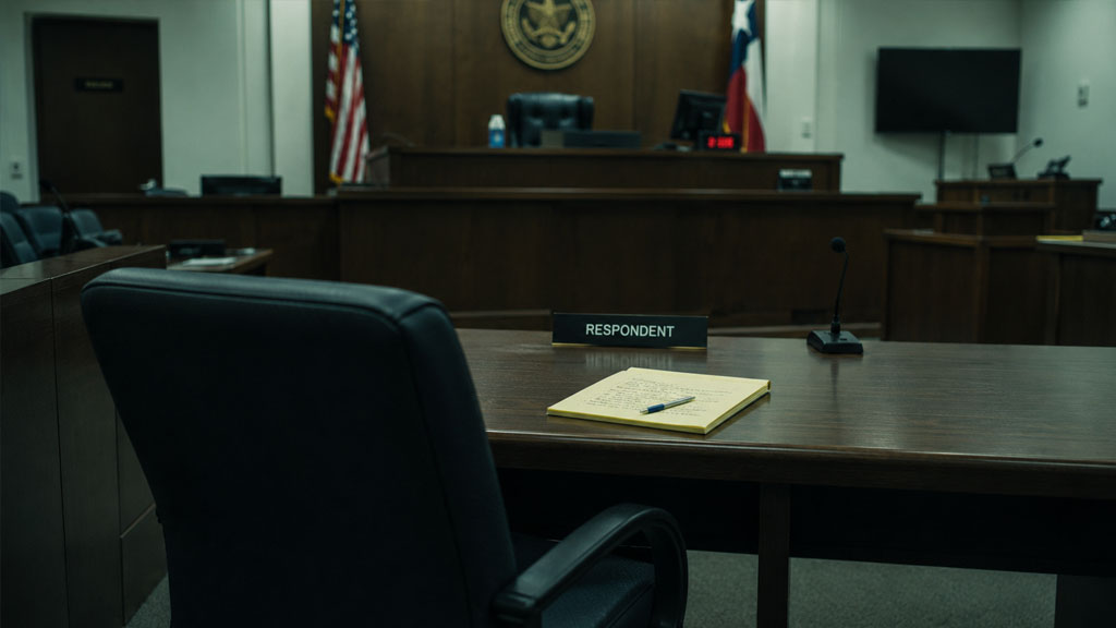 An empty chair at a courtroom table representing the consequences of violating a standing order in a Bexar County divorce