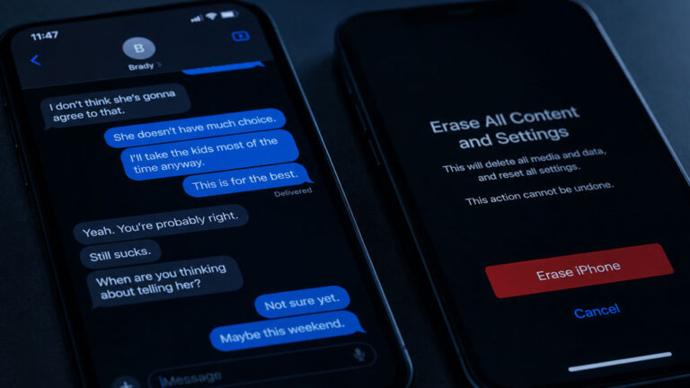 Two phones side by side showing one with text messages preserved and one recently reset during a Texas divorce