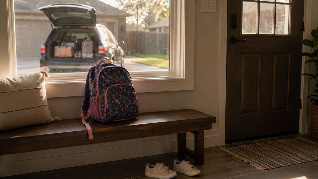  A child's backpack near a front door with a packed car visible through the window, representing standing order travel restrictions on children during Texas divorce