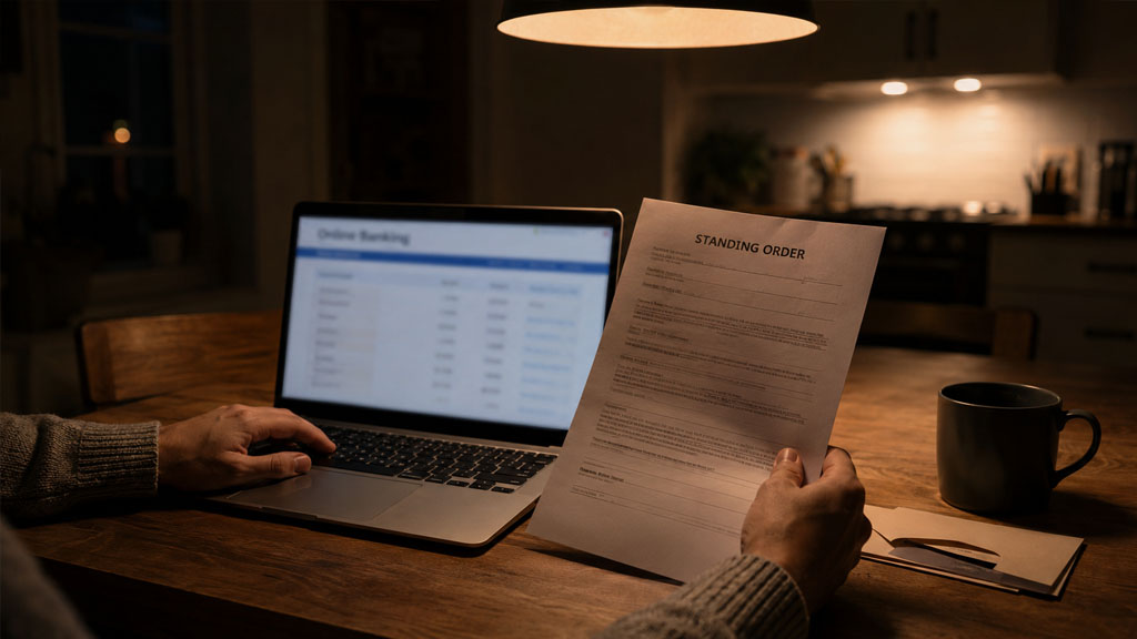 A person reviewing the Bexar County standing order next to a banking screen, realizing financial restrictions during a Texas divorce
