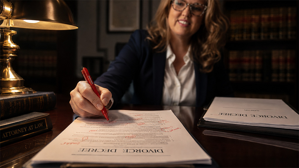 Attorney reviewing a self-prepared uncontested divorce decree for errors before filing