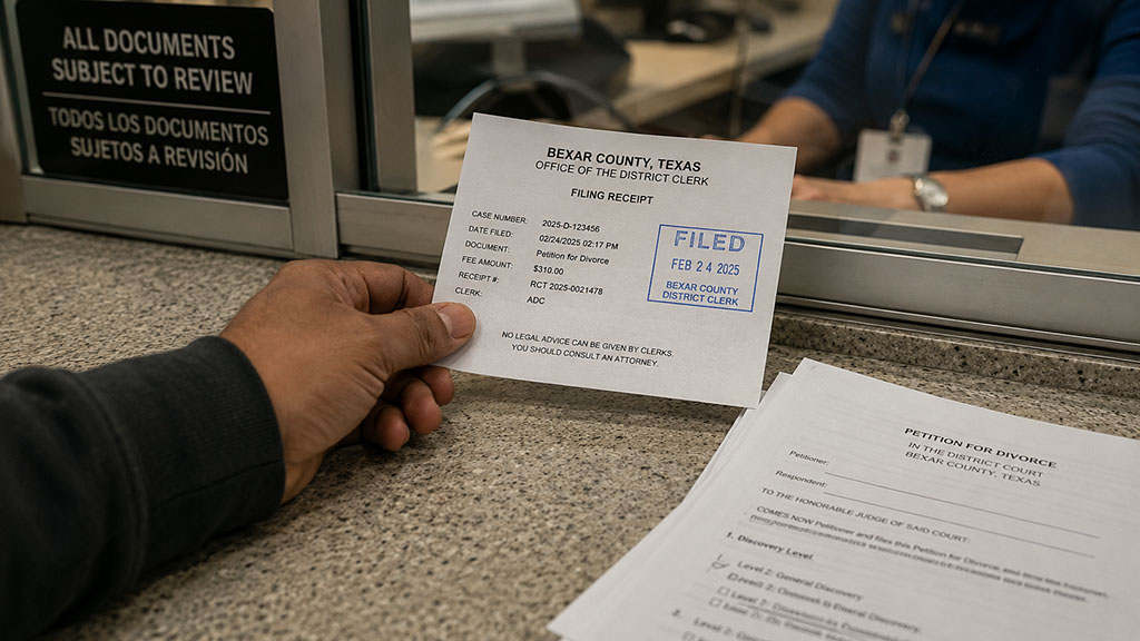 Filing fee receipt for an uncontested divorce petition at the Bexar County District Clerk