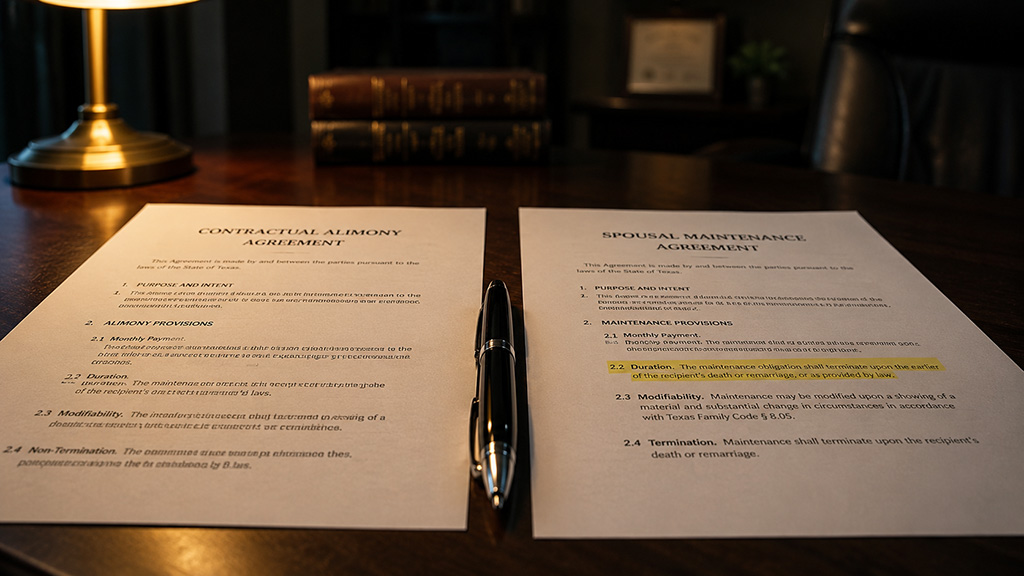 Comparing court-ordered spousal maintenance and contractual alimony terms in a Texas settlement