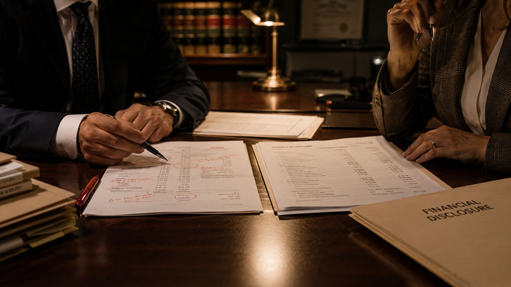 Attorneys reviewing a disputed spousal maintenance budget during Texas divorce discovery