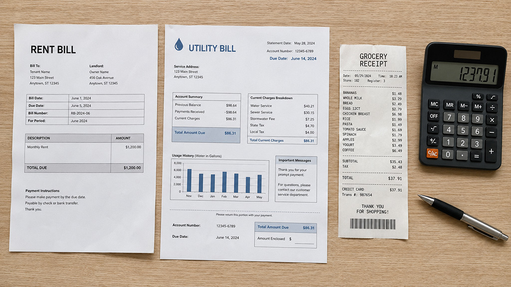 Essential monthly bills used to calculate minimum reasonable needs in a Texas divorce