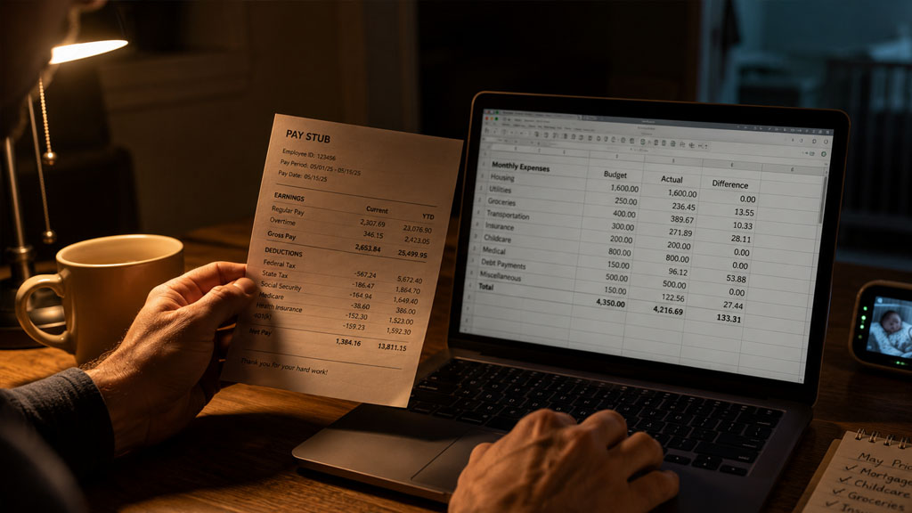 Father reviewing income records before filing a child support modification in Texas