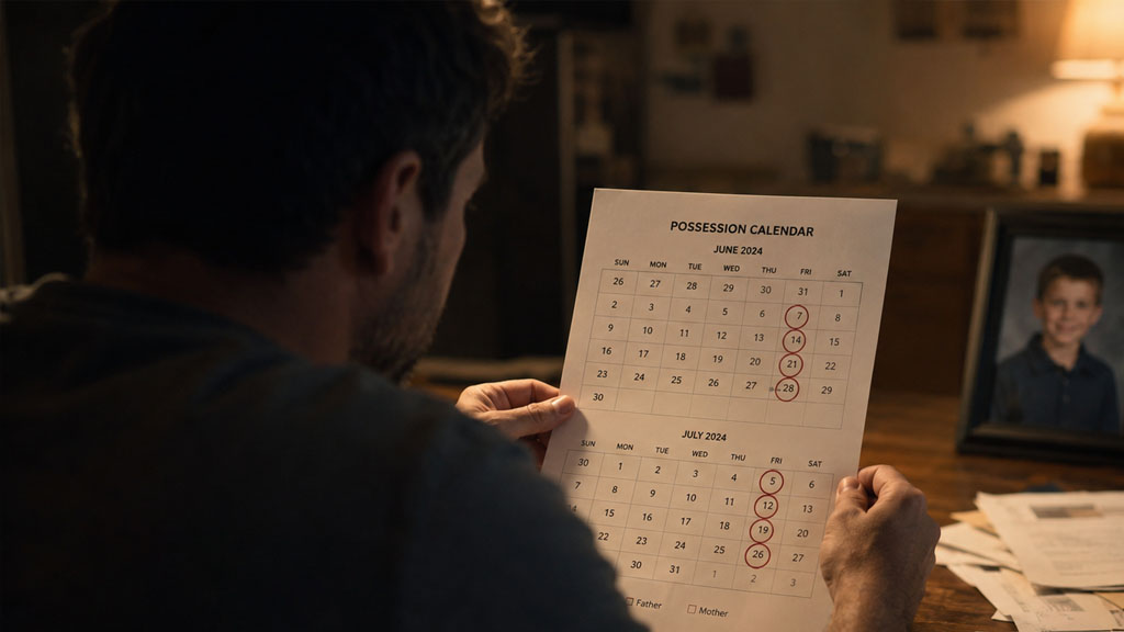 Father reviewing a possession schedule while preparing a Texas custody modification case
