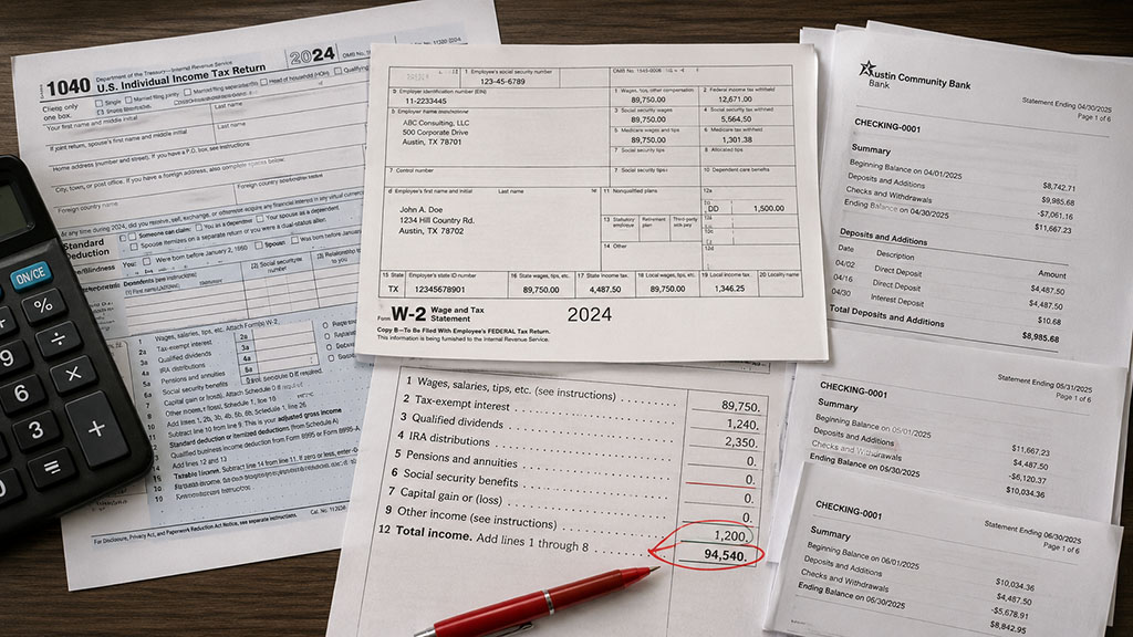 Tax documents and pay records used to calculate gross income for Texas spousal maintenance