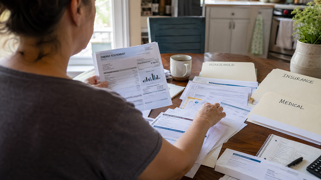 Stay-at-home parent organizing financial records to document minimum reasonable needs after divorce