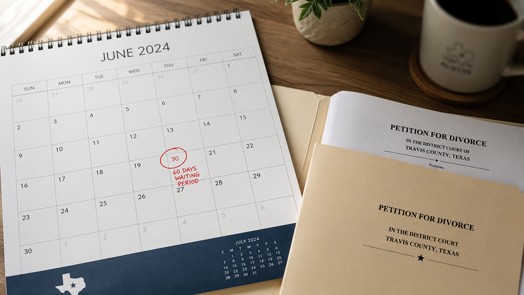 Calendar marking the 60-day waiting period required before a Texas divorce can be finalized