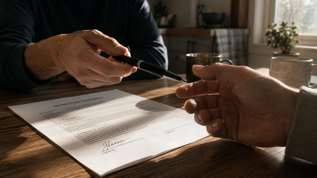 Two spouses signing an uncontested divorce settlement agreement in Texas