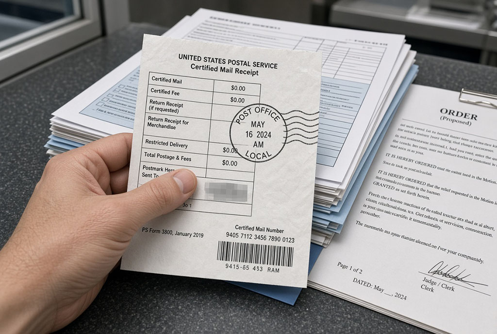 Certified mail receipt with a postmark on top of a survivor benefit plan filing package and court order