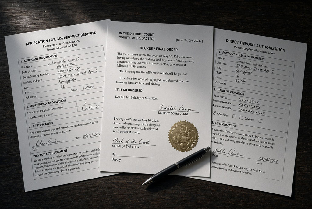 DFAS direct payment application, certified divorce decree, and direct deposit form on a desk
