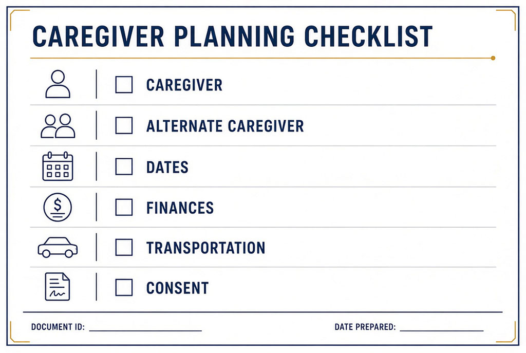 Checklist graphic showing the six required elements of a military family care plan