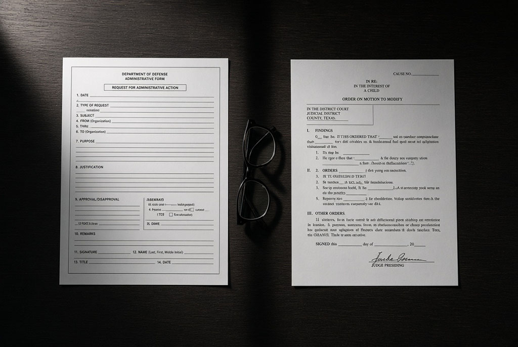 Military family care plan form and a Texas custody order side by side on a table