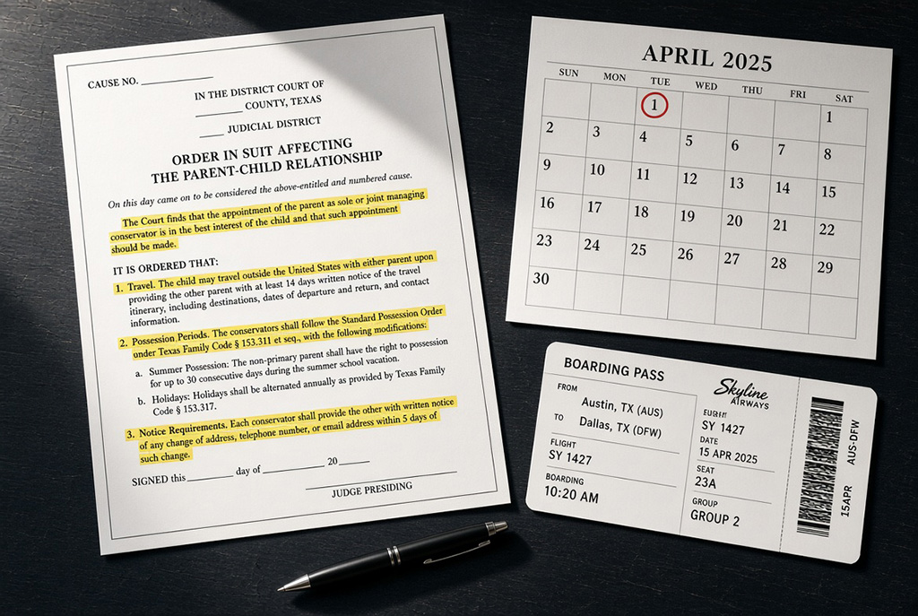 Texas custody order and calendar showing the April 1 summer possession notice deadline with a boarding pass