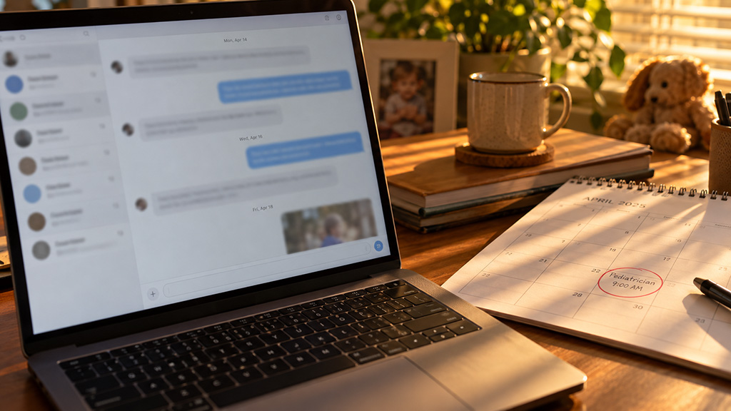 Date-stamped co-parenting message thread and calendar used to document a meaningful conference before a medical appointment