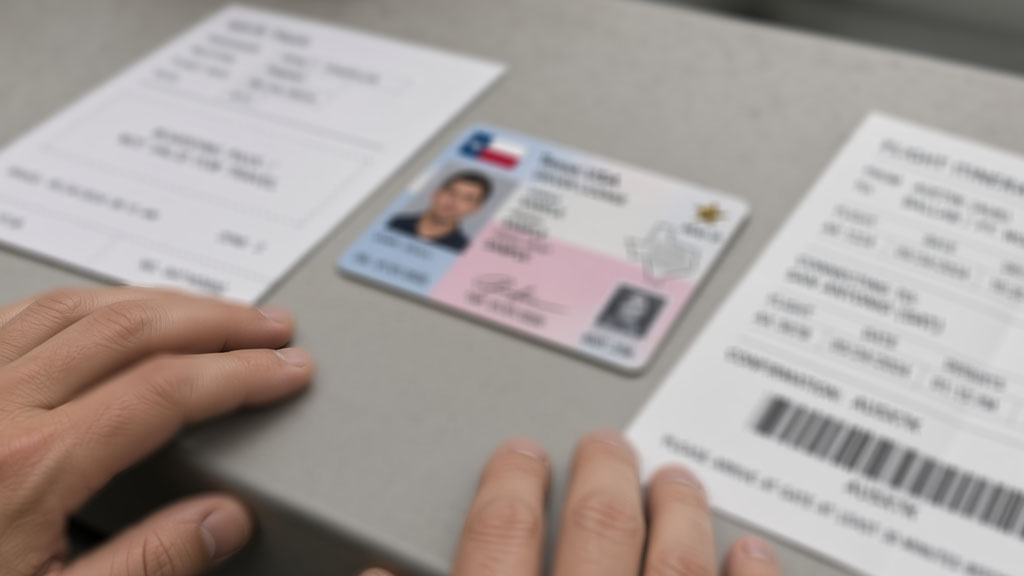 Gate pass, photo identification, and flight itinerary on an airline ticket counter for an unaccompanied minor drop-off
