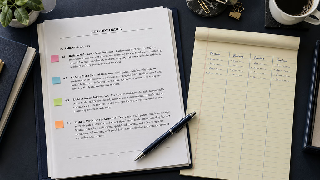 Custody order open to the conservatorship rights section with tabs marking independent, joint, and exclusive decision-making rights
