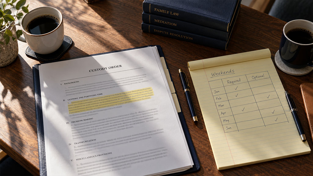 Custody order and notes marking required and optional weekends during a Texas mediation session