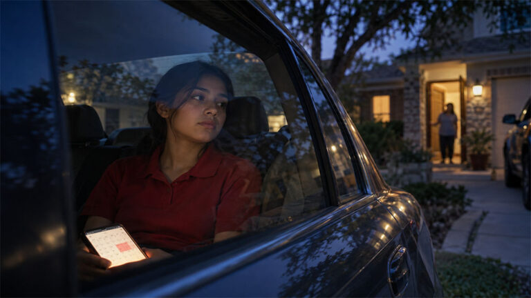 Teenager in a work uniform checking a weekend schedule on a phone in a car before a Texas visitation exchange