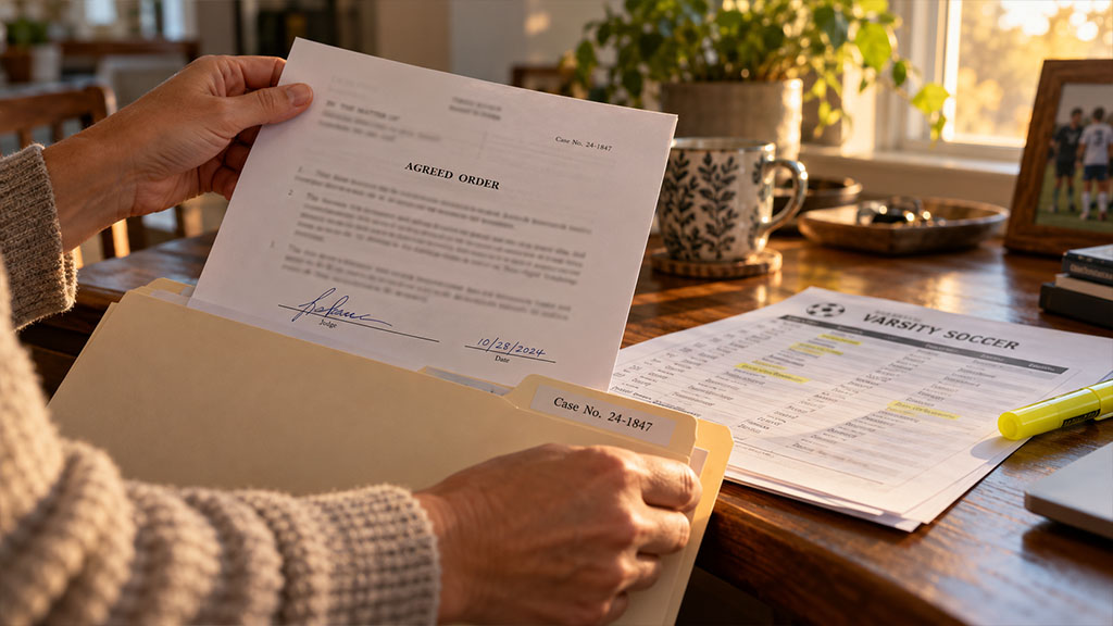 Parent filing a signed agreed order modifying a Texas possession schedule next to a teen's sports calendar