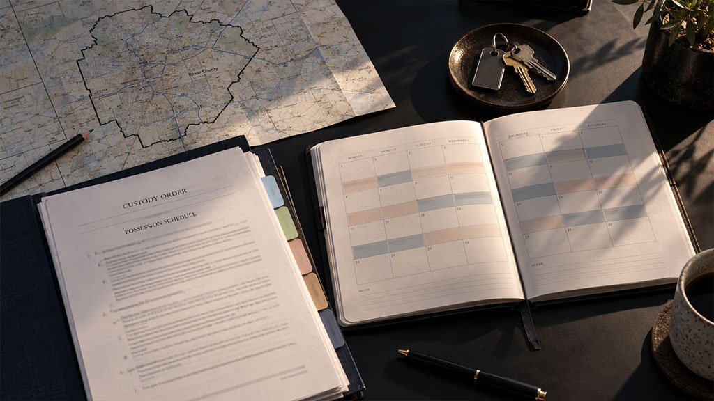 Texas custody order, possession calendar, and Bexar County map showing how the primary residence designation, schedule, and geographic restriction fit together