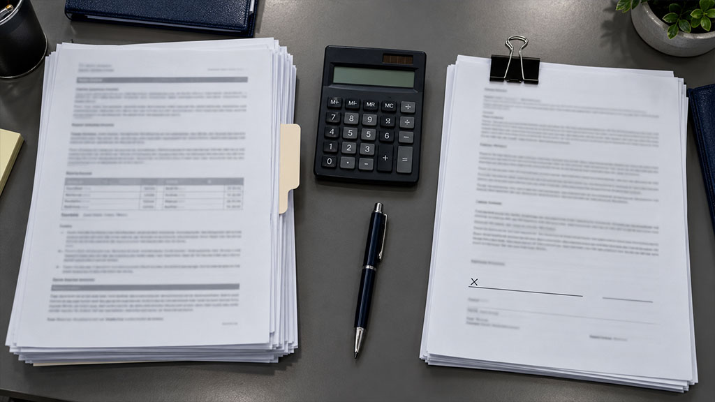 Loan paperwork on a desk comparing a refinance and a mortgage assumption after a Texas divorce