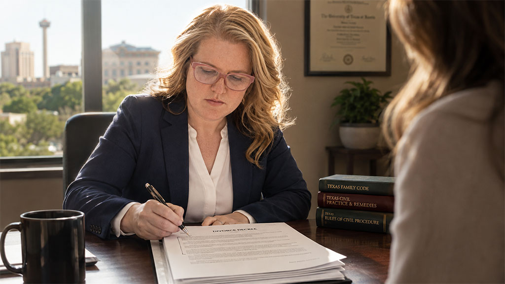 San Antonio family law attorney marking survivor benefit plan language in a Texas divorce decree