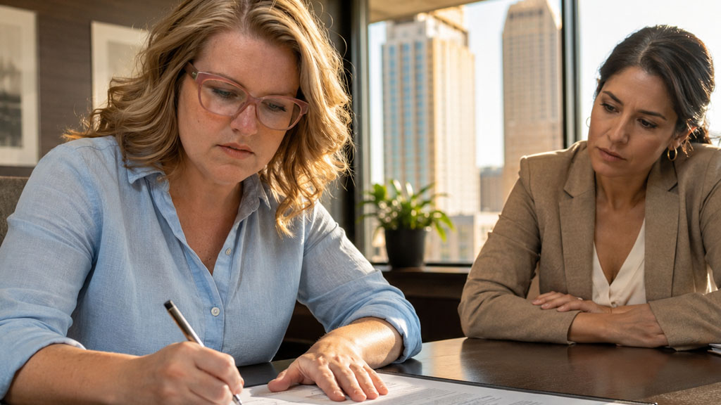 San Antonio divorce attorney marking up decree language for a military retirement division with a client