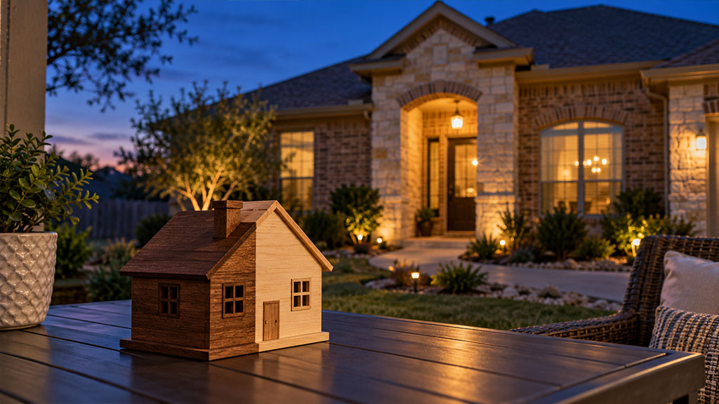 Model house split into two sections in front of a San Antonio home, showing separate and community ownership shares