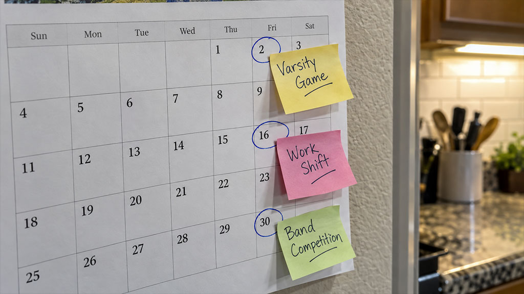 Calendar showing first, third, and fifth weekend visitation dates overlapping a teenager's games and work shifts